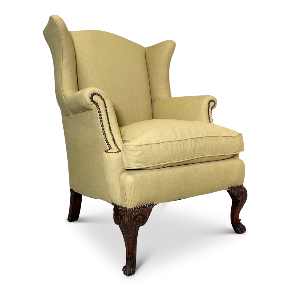 Queen Anne Style Wingback Armchair on Carved Walnut Cabriole Legs