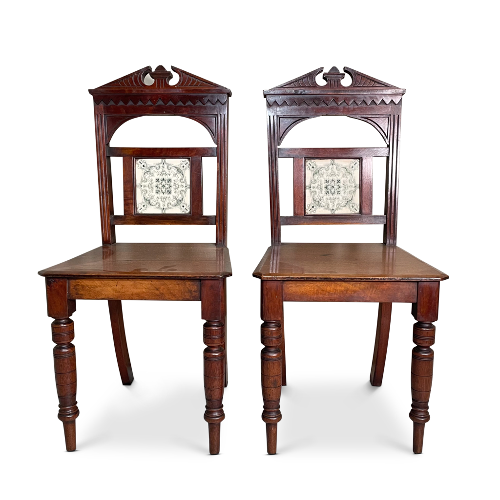 Pair of Mahogany Hall Chairs inset with Minton Tiles