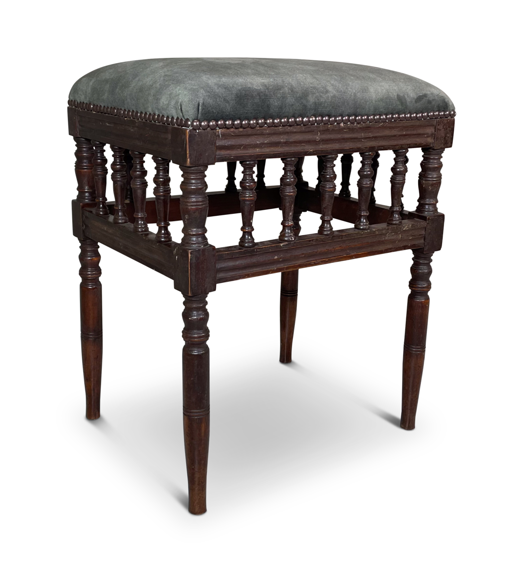 Upholstered Turned Mahogany Stool with Spindles