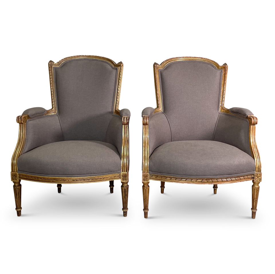 Pair of Louis XVI Style Gilt Bergeres