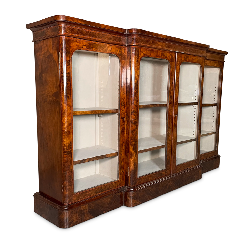 William IV Burr Walnut Inlaid Breakfront Glazed Bookcase