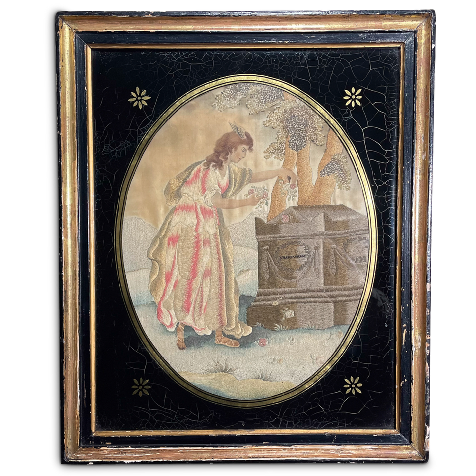 Hand Woven Silk Tapestry of a Classical Maiden in Original Frame