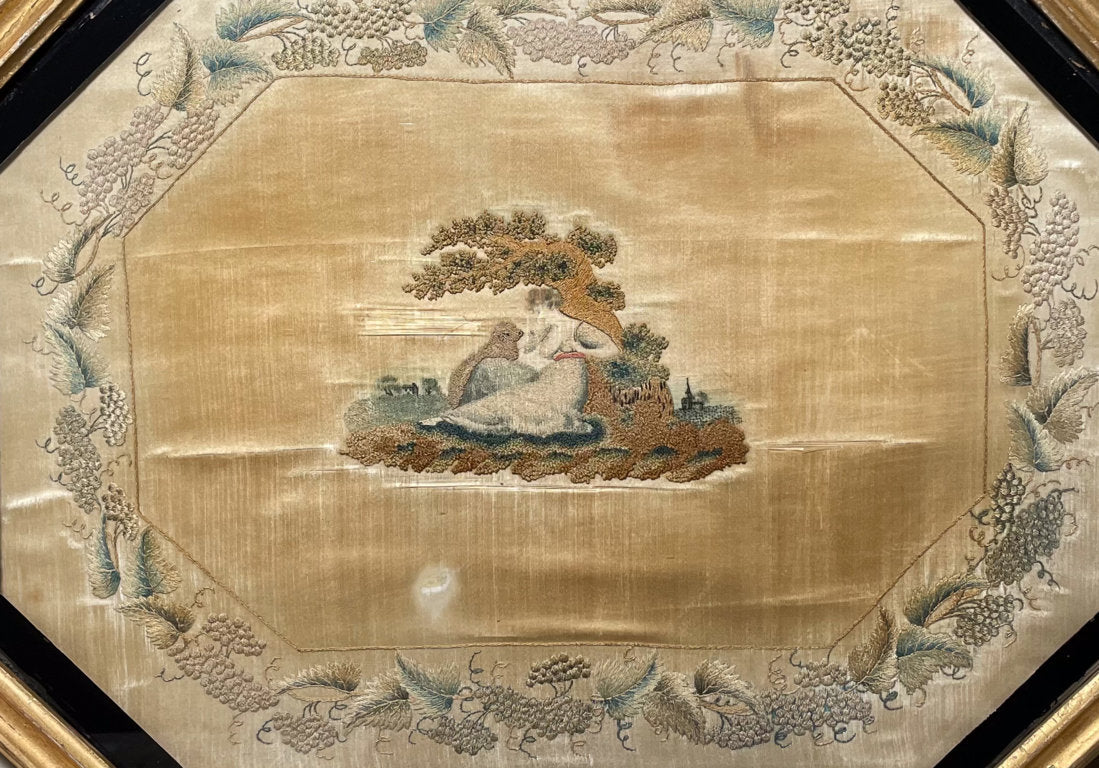 Hand Embroidered Silk Tapestry of Little Bo Peep in a Hexagonal Gilt Frame