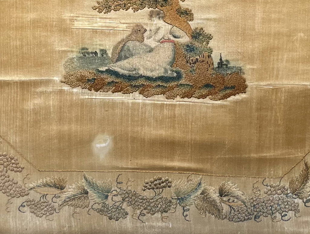Hand Embroidered Silk Tapestry of Little Bo Peep in a Hexagonal Gilt Frame