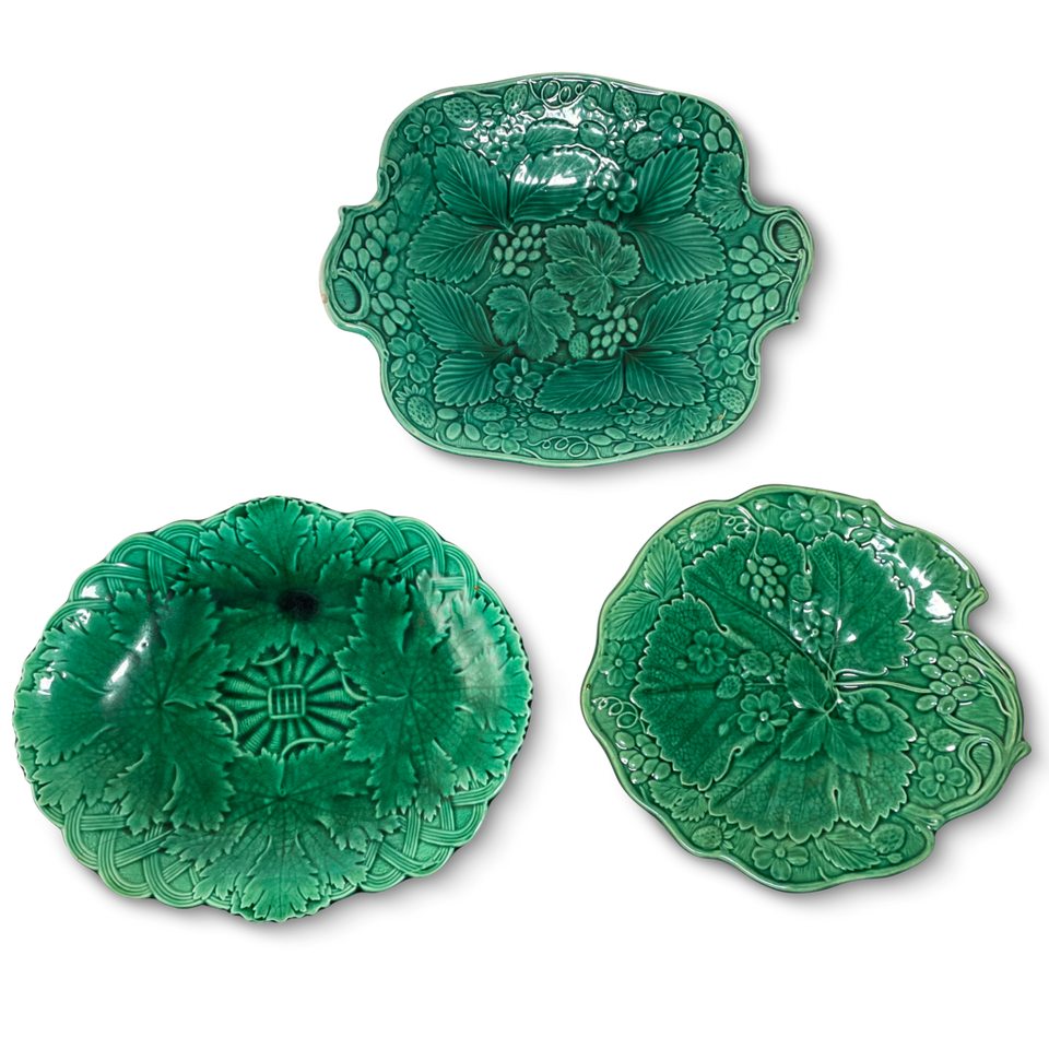 Three Green Majolica Vine Leaf Platters