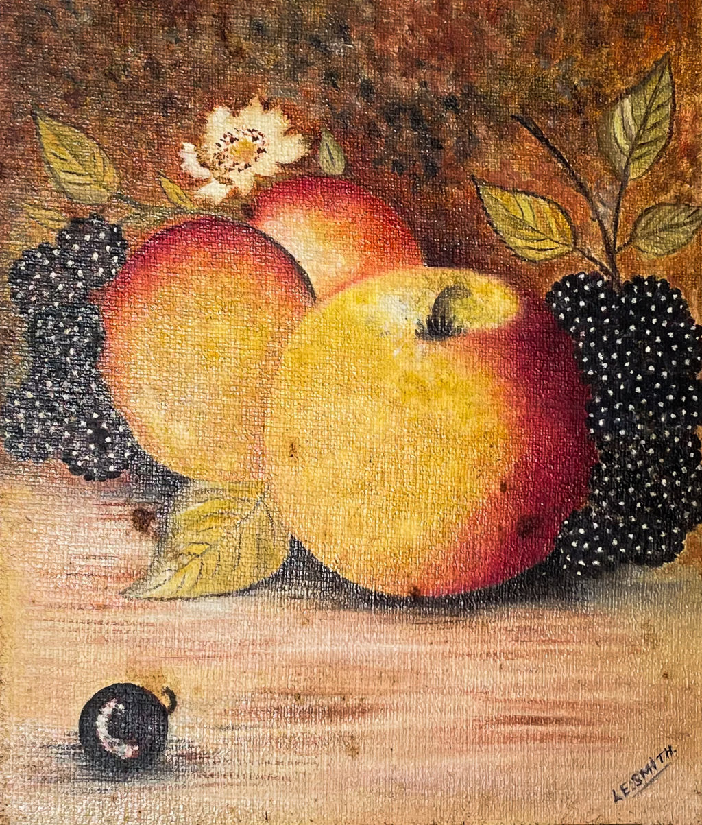 Small Oil on Panel Still Life of Apples and Blackberries signed LE Smith