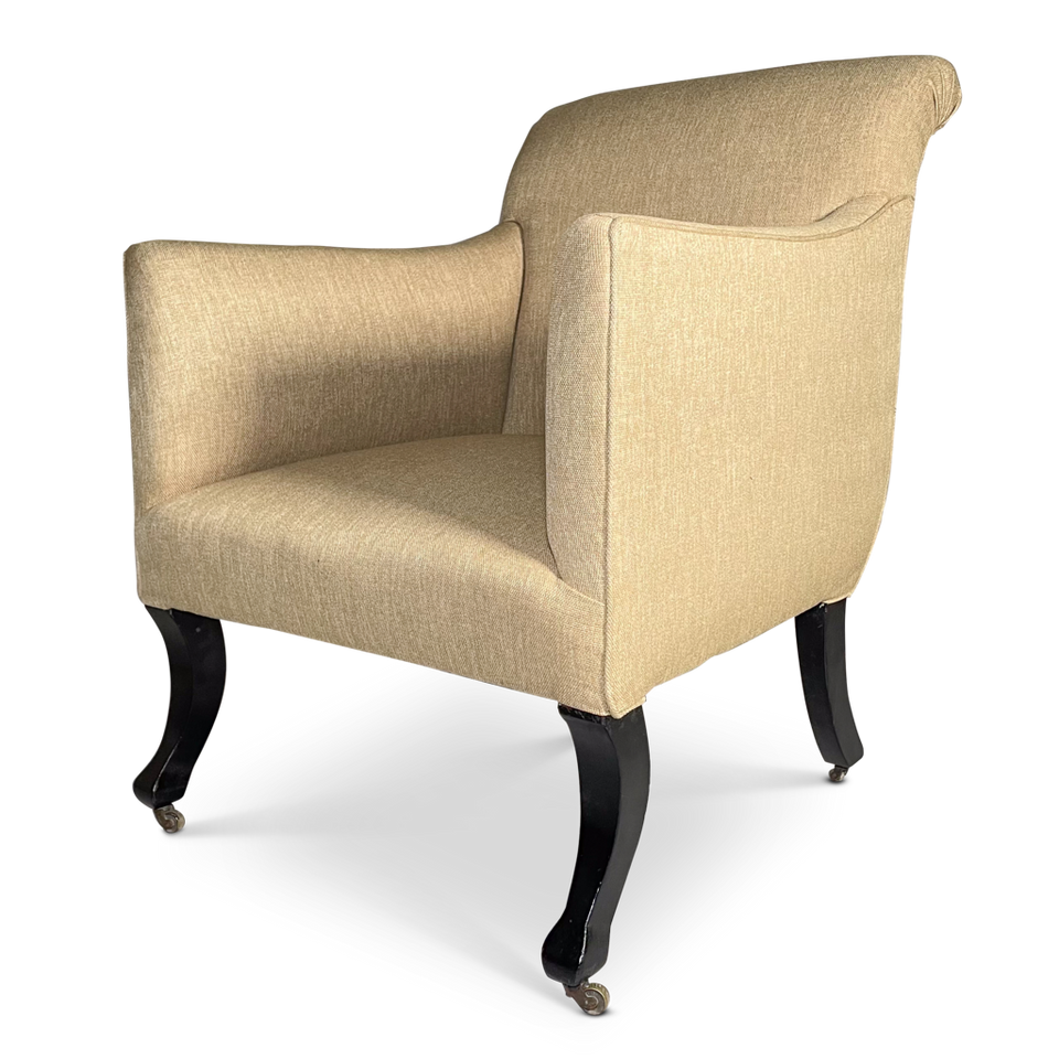 George III Ebonised Sabre Leg Scroll Back Armchair