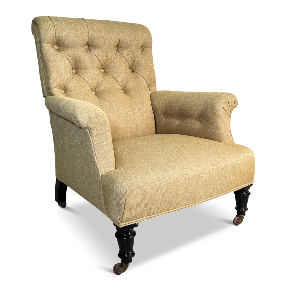 Scrolled Buttoned Square Back Armchair with Buttoned Arms on Ebonised Legs