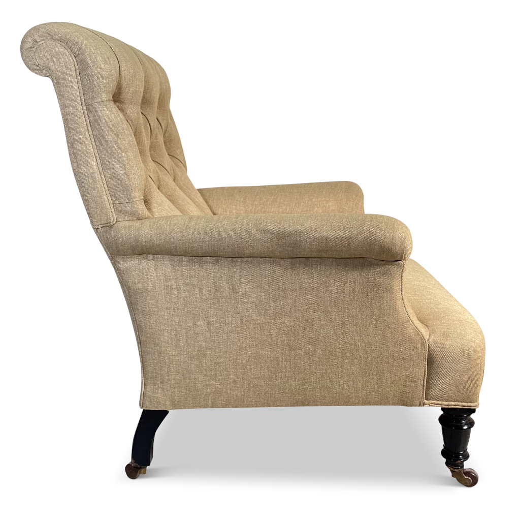 Scrolled Buttoned Square Back Armchair with Buttoned Arms on Ebonised Legs