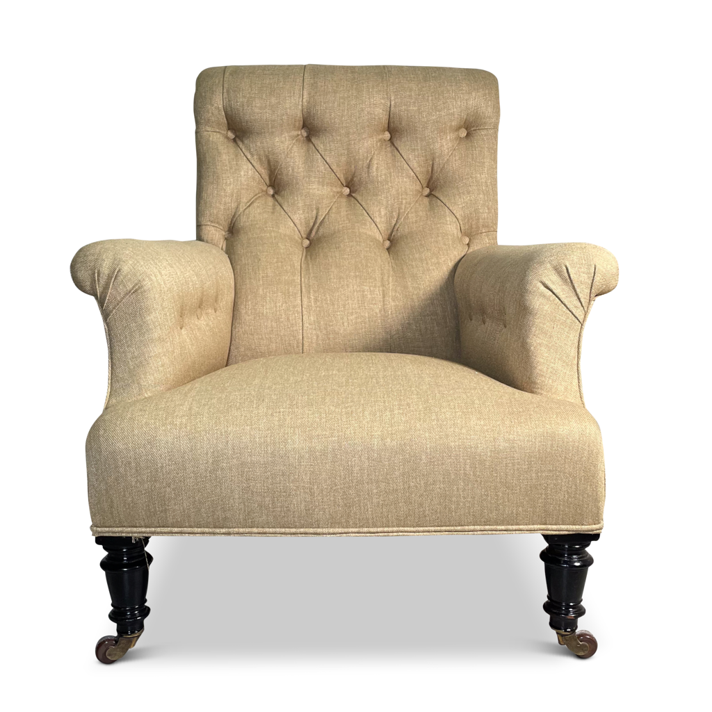 Scrolled Buttoned Square Back Armchair with Buttoned Arms on Ebonised Legs