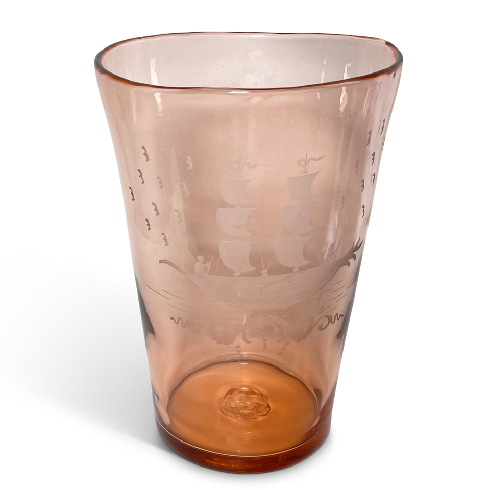 Amber Glass Vase Etched with a Galleon Boat and Two Figures