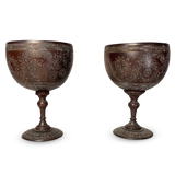 Pair of Engraved Coconut Cups on a Circular Hardwood Stem Base