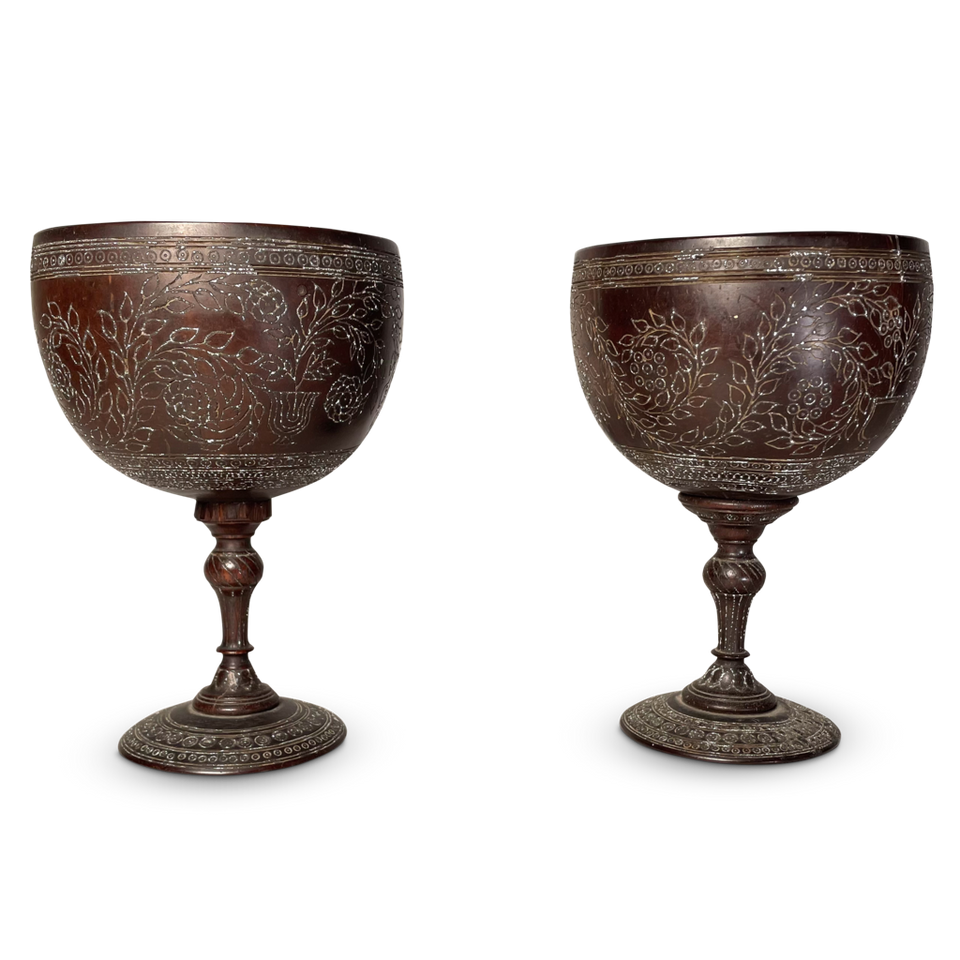 Pair of Engraved Coconut Cups on a Circular Hardwood Stem Base