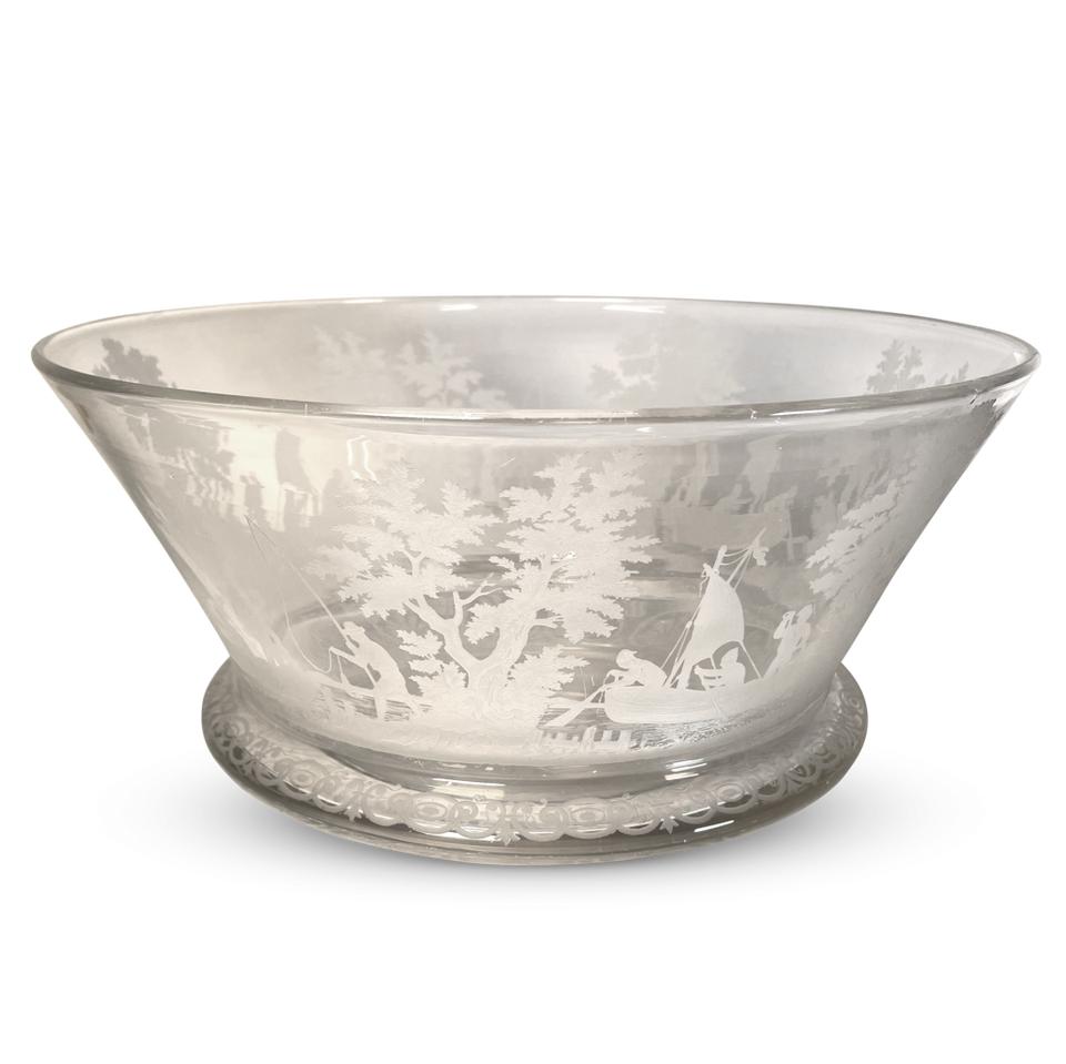 Large Rimmed Etched Glass Fruit Bowl