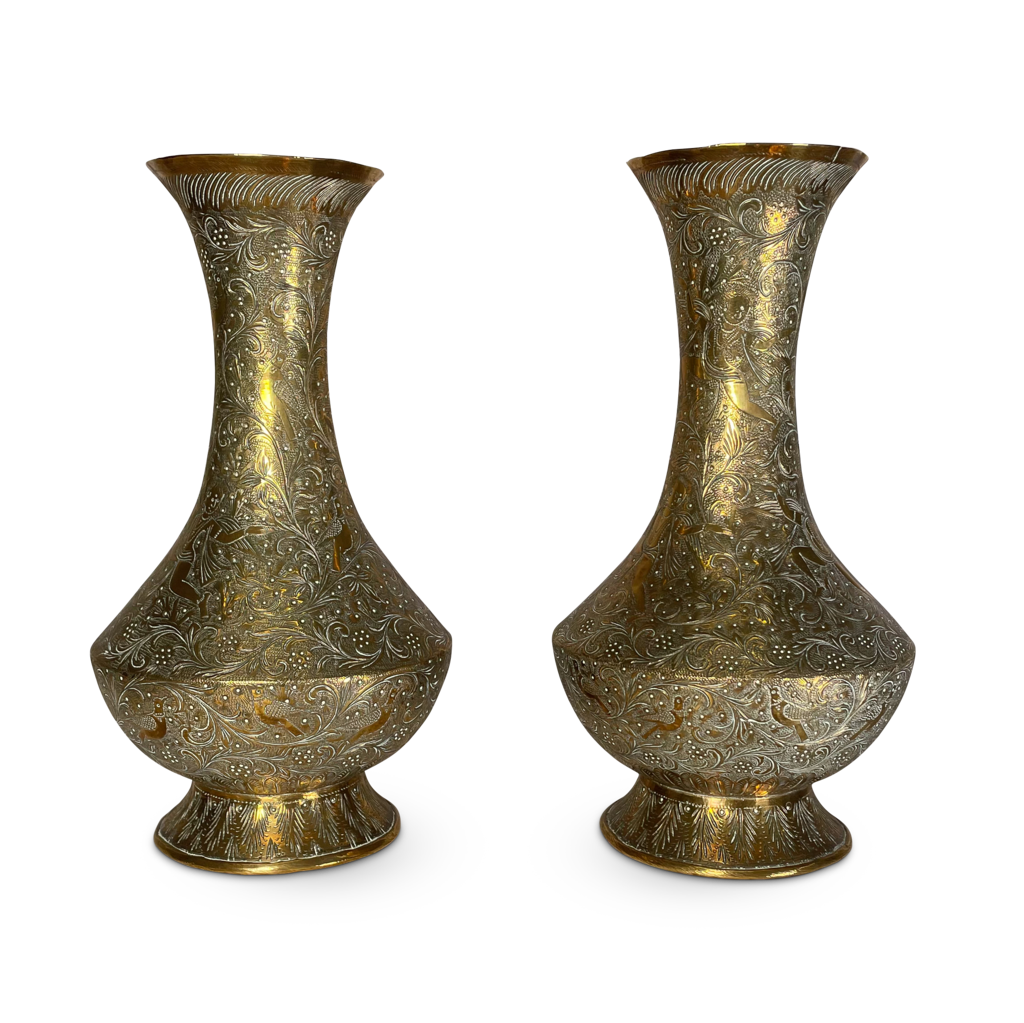 Pair of Indian Chase Engraved Brass Vases
