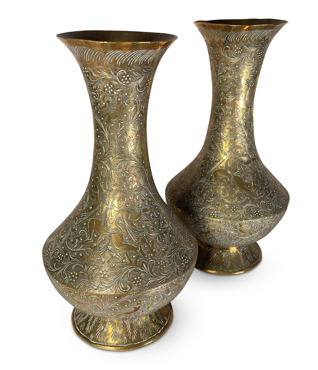 Pair of Indian Chase Engraved Brass Vases