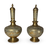 Pair of Chase Engraved Brass Shaft Neck Lidded Urns