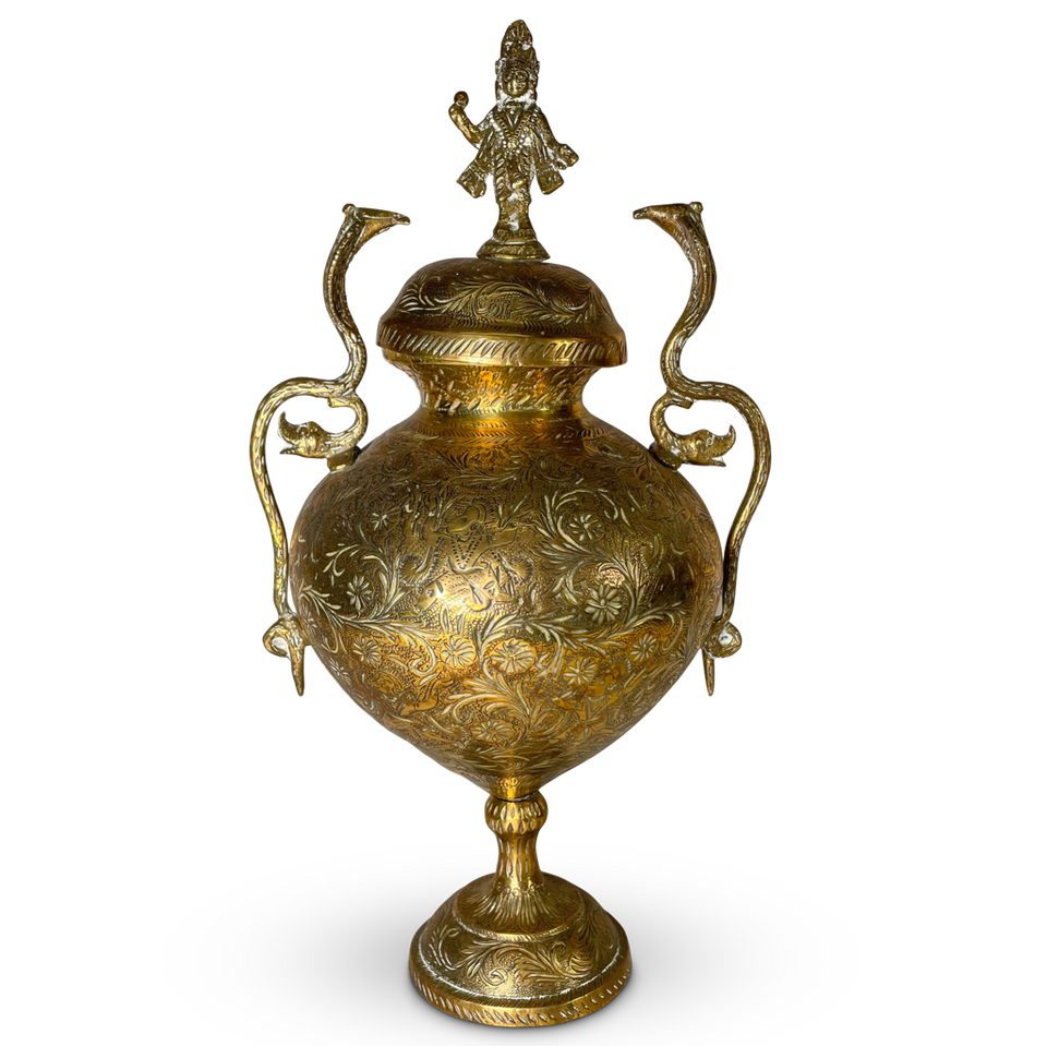 Two Handled Chase Engraved Brass Lidded Urn