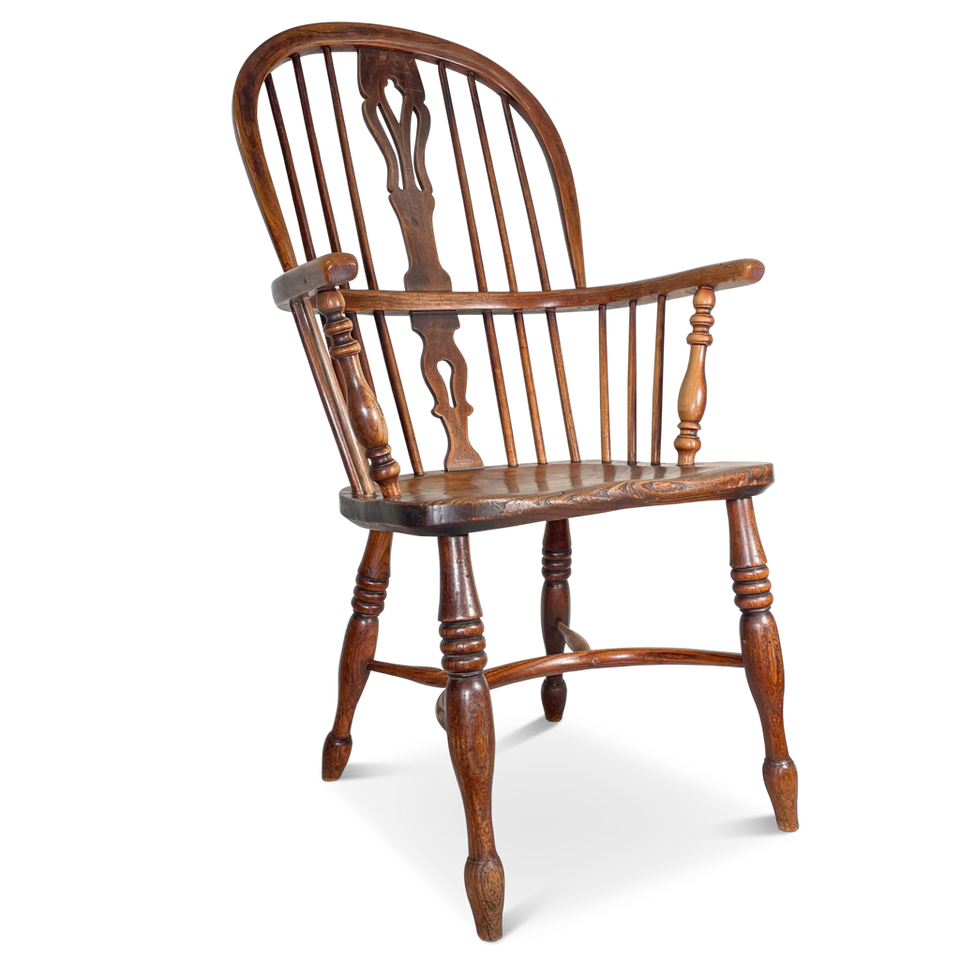 Elm Loop Back Windsor Carver Chair with Spindles and Pierced Splat Back