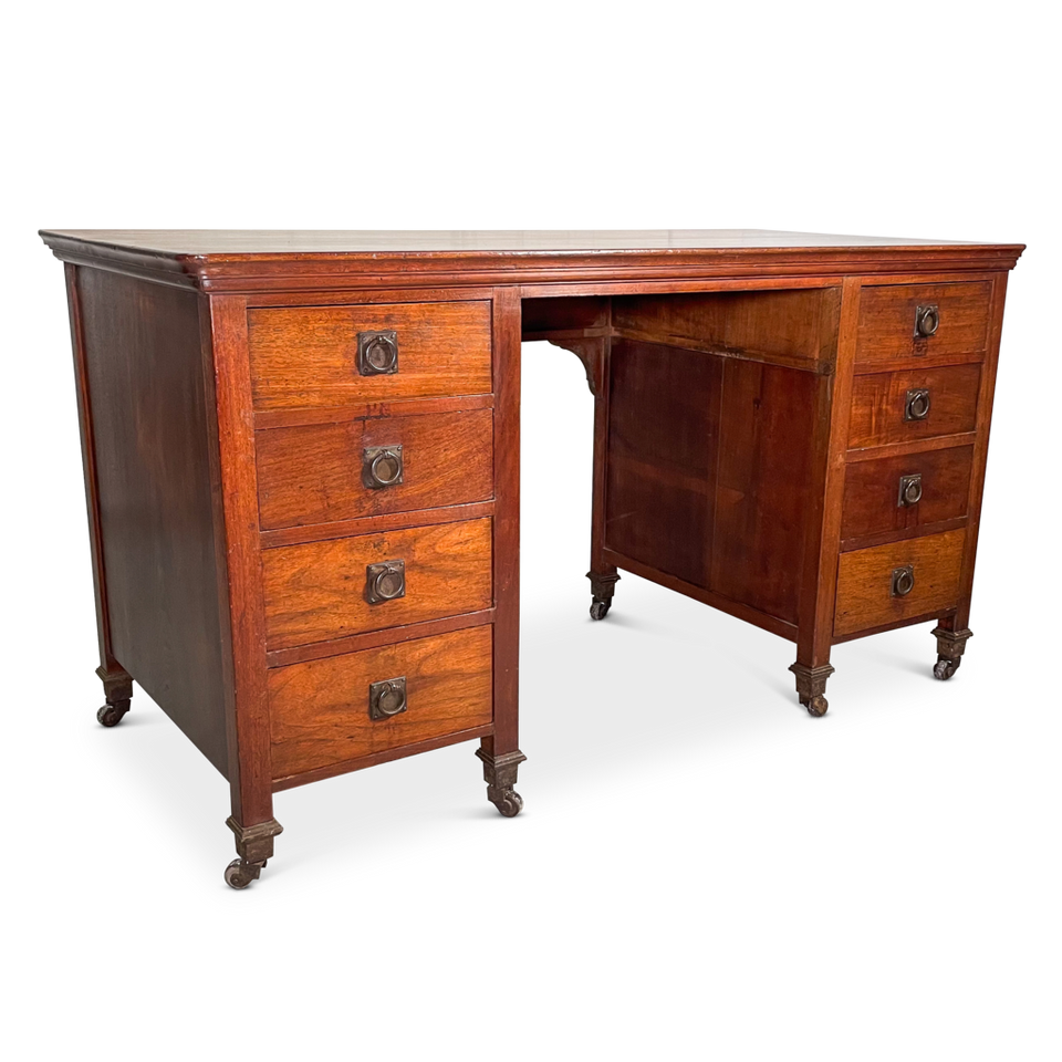 Twin Pedestal Walnut Desk with Eight Drawers