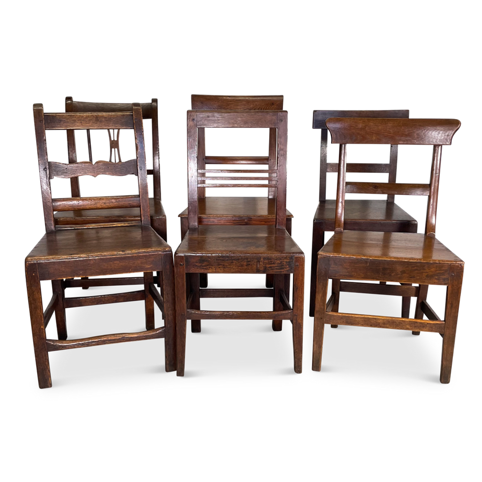 Assorted Set of Six George III Elm and Oak Dining Chairs