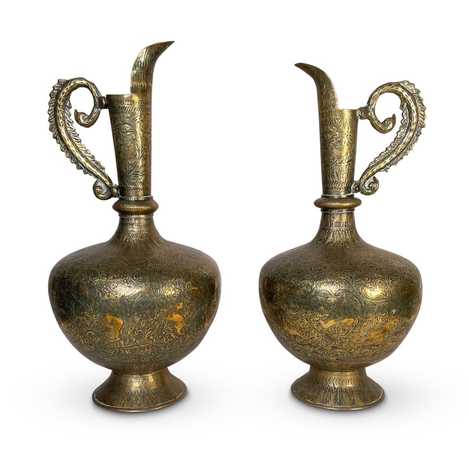 Pair of Chase Engraved Brass Ewers