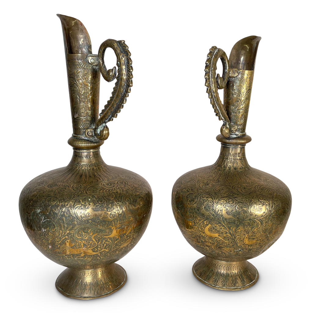 Pair of Chase Engraved Brass Ewers