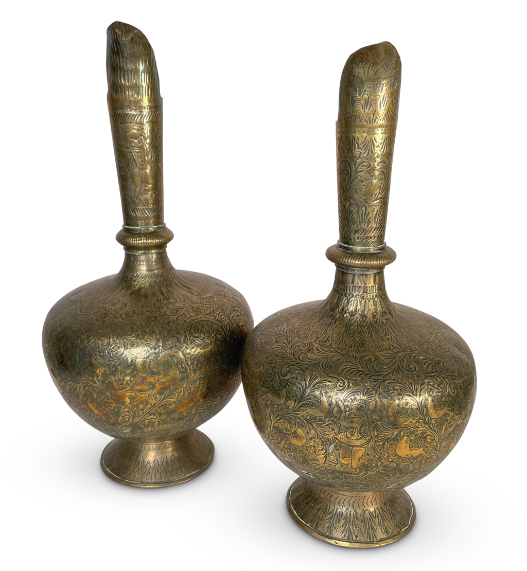 Pair of Chase Engraved Brass Ewers