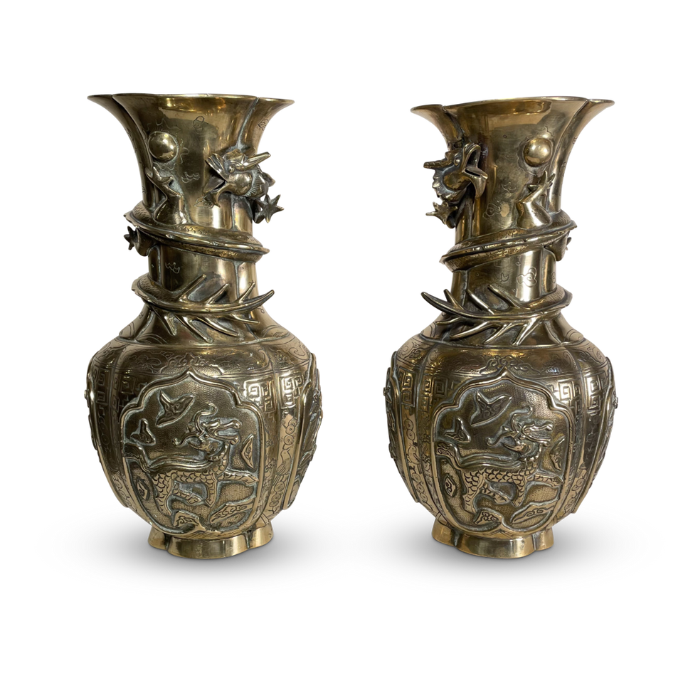 Pair of Embellished Chinese Brass Vases