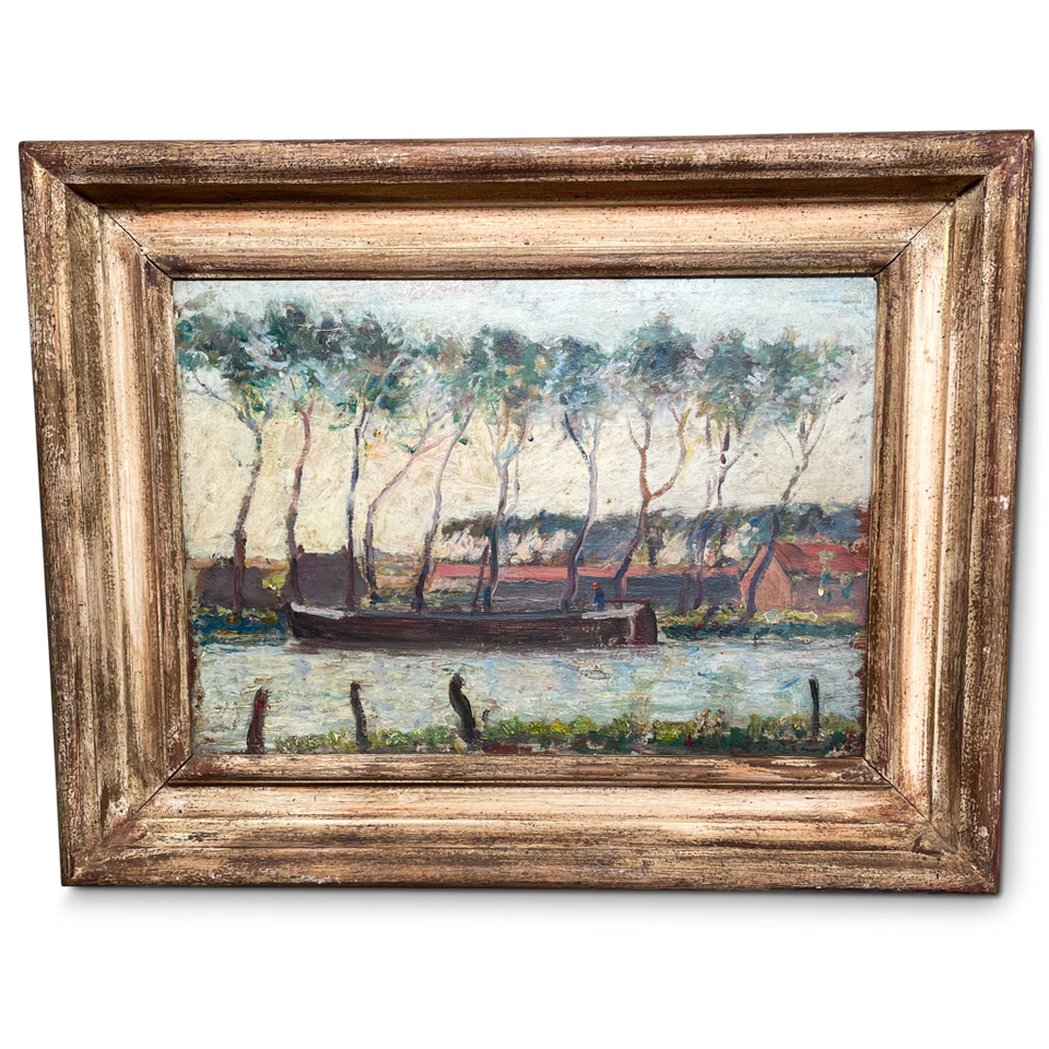 Oil on Board of a Hay Barge on a River