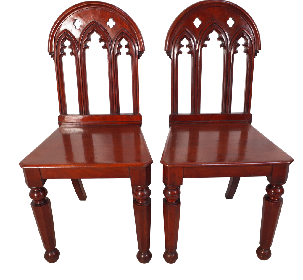 Pair of Mahogany Gothic Revival Hall Chairs