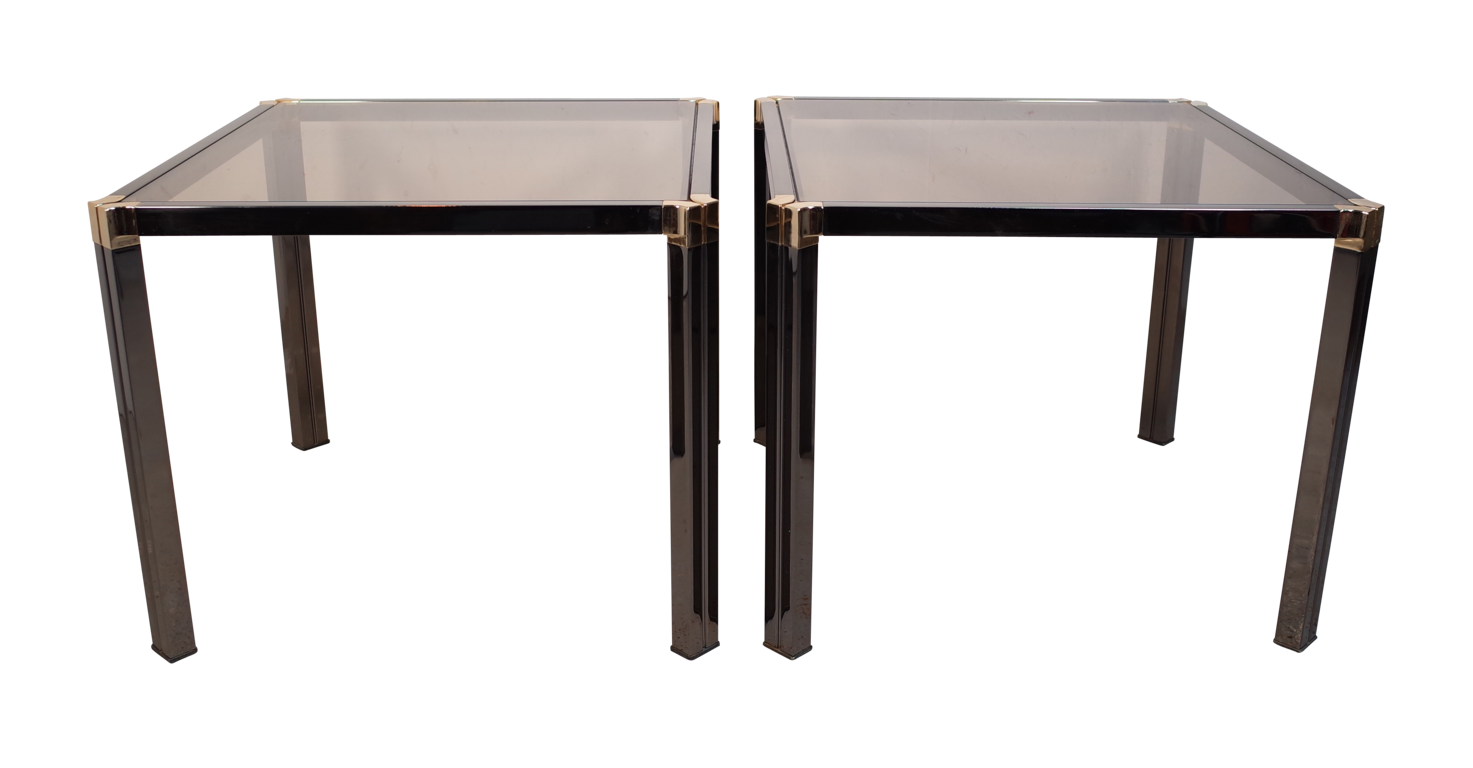 Pair of Nickel and Brass Low Tables with Tinted Glass Tops