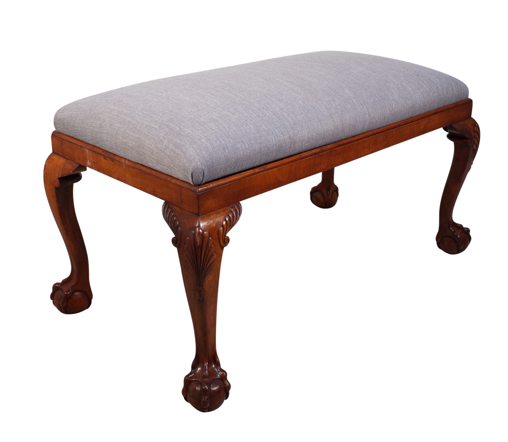 Upholstered Walnut Stool on Cabriole Legs with Ball and Claw Feet