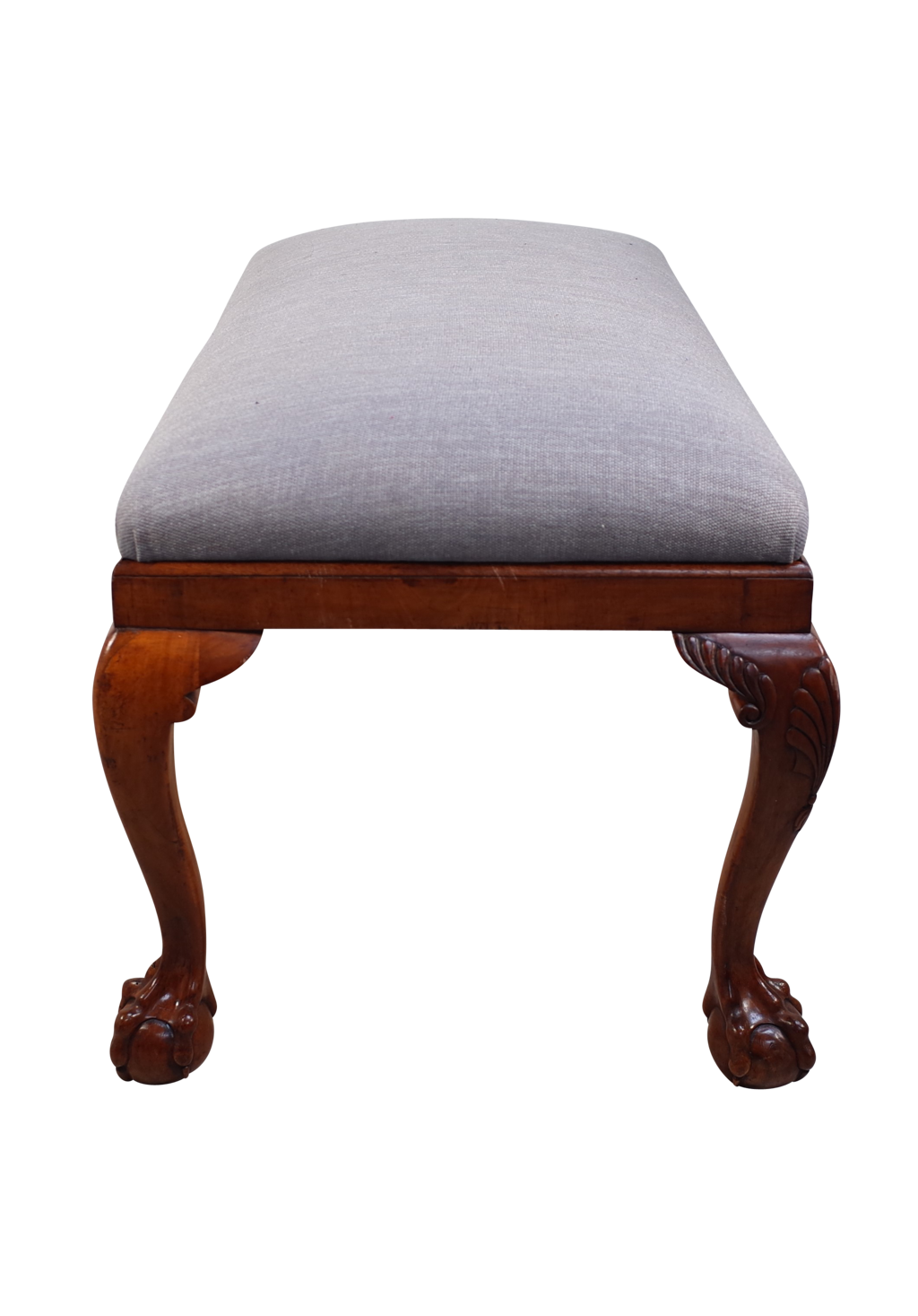 Upholstered Walnut Stool on Cabriole Legs with Ball and Claw Feet