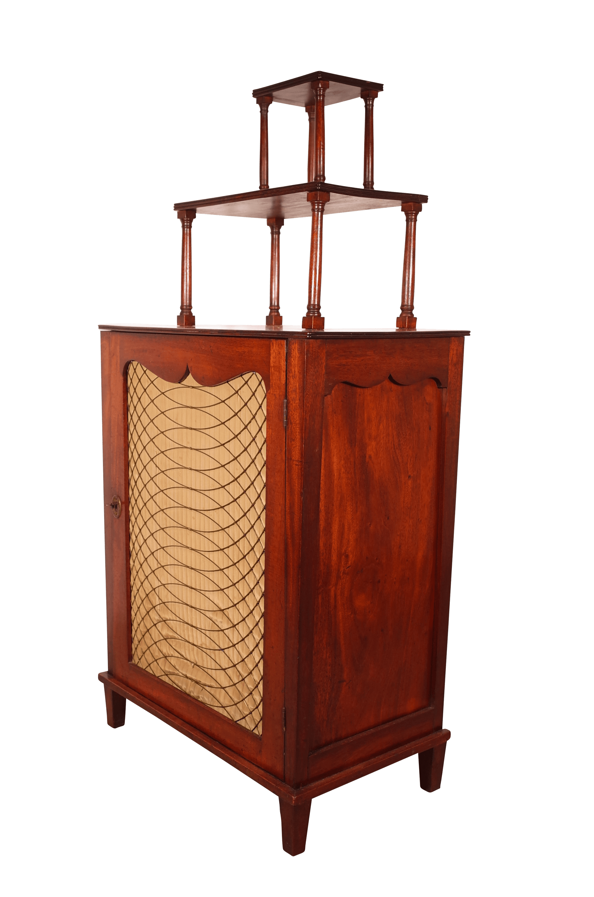 Regency Mahogany Side Cabinet with Brass Grilled Door and Tiered Shelf