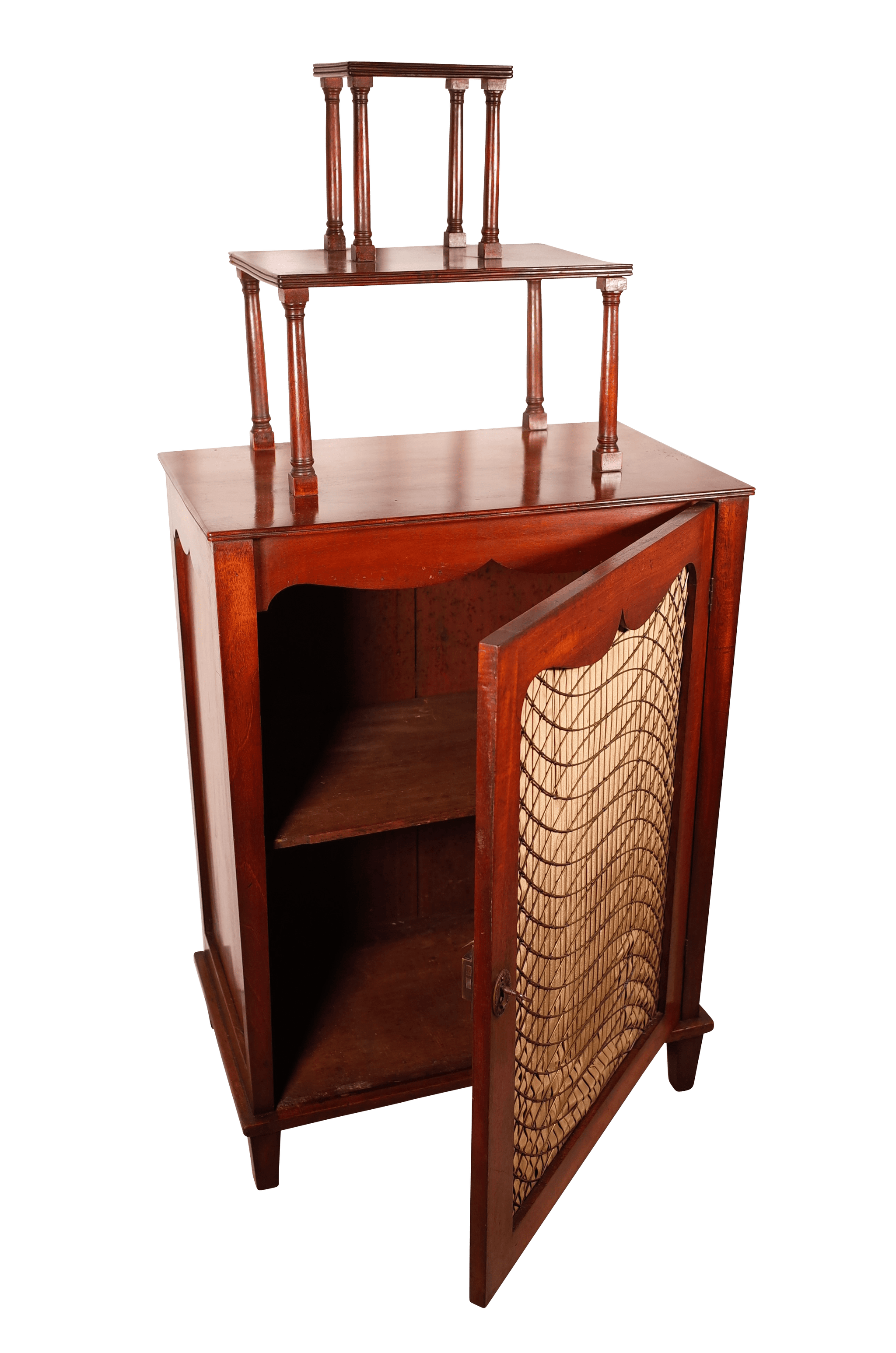 Regency Mahogany Side Cabinet with Brass Grilled Door and Tiered Shelf