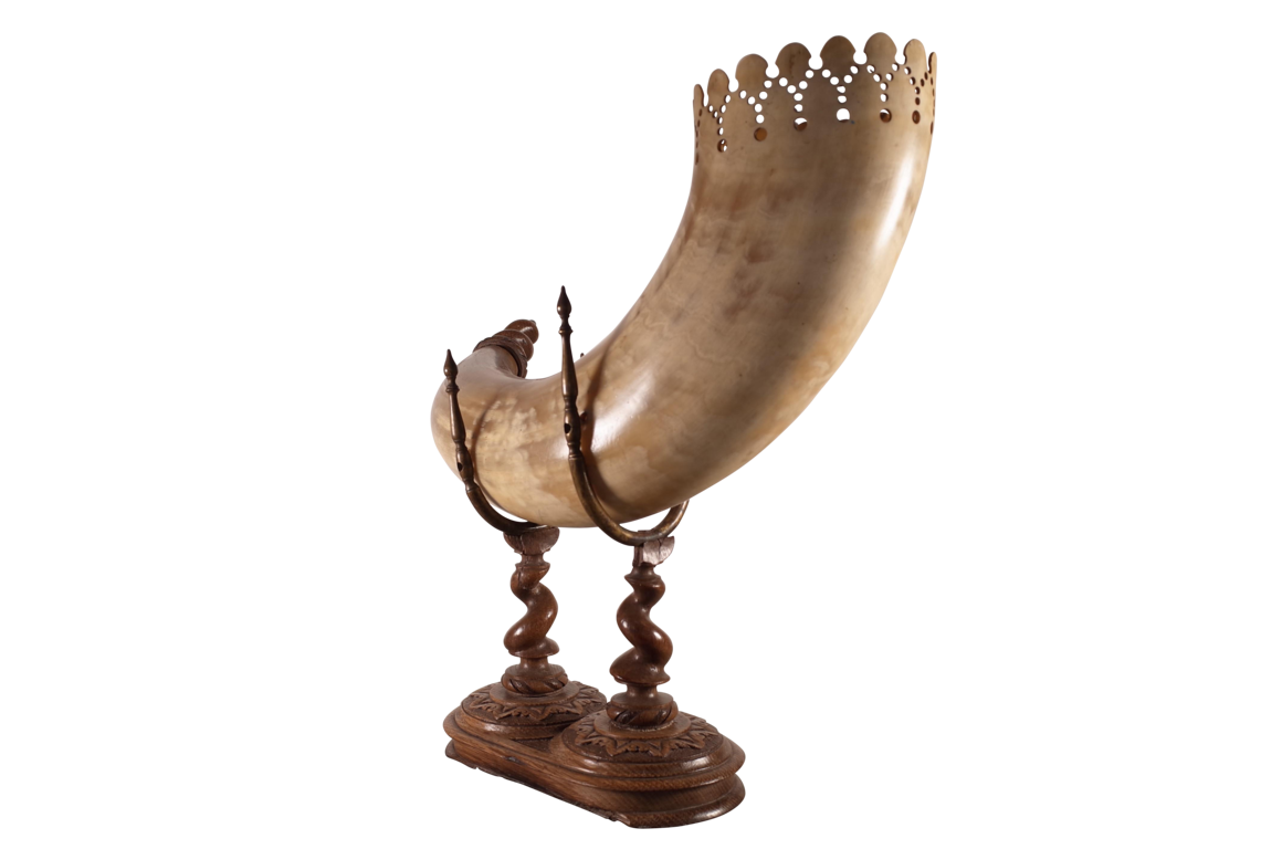 Perforated Hunting Horn on Carved Walnut Stand