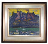 Oil on Canvas Abstract Landscape of Sakurajima by Mount Aso, signed Masaji Nishimura