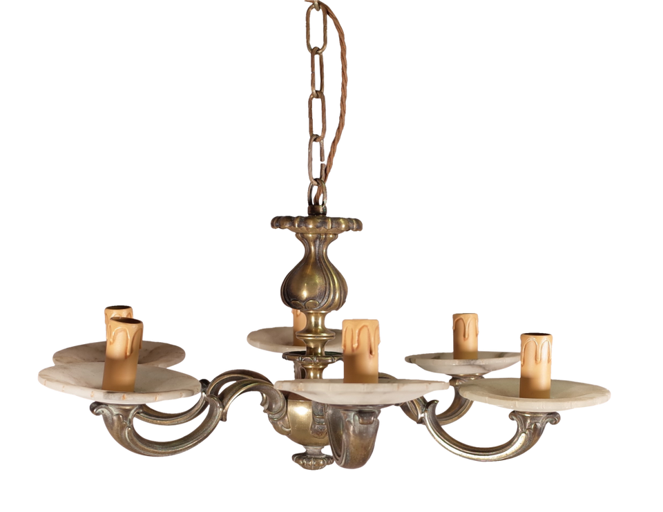 Bronze Six Arm Chandelier with Alabaster Drip Trays