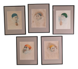 Set of Hand Coloured Signed and Numbered Pierrot Self Portraits by Arm Henrion