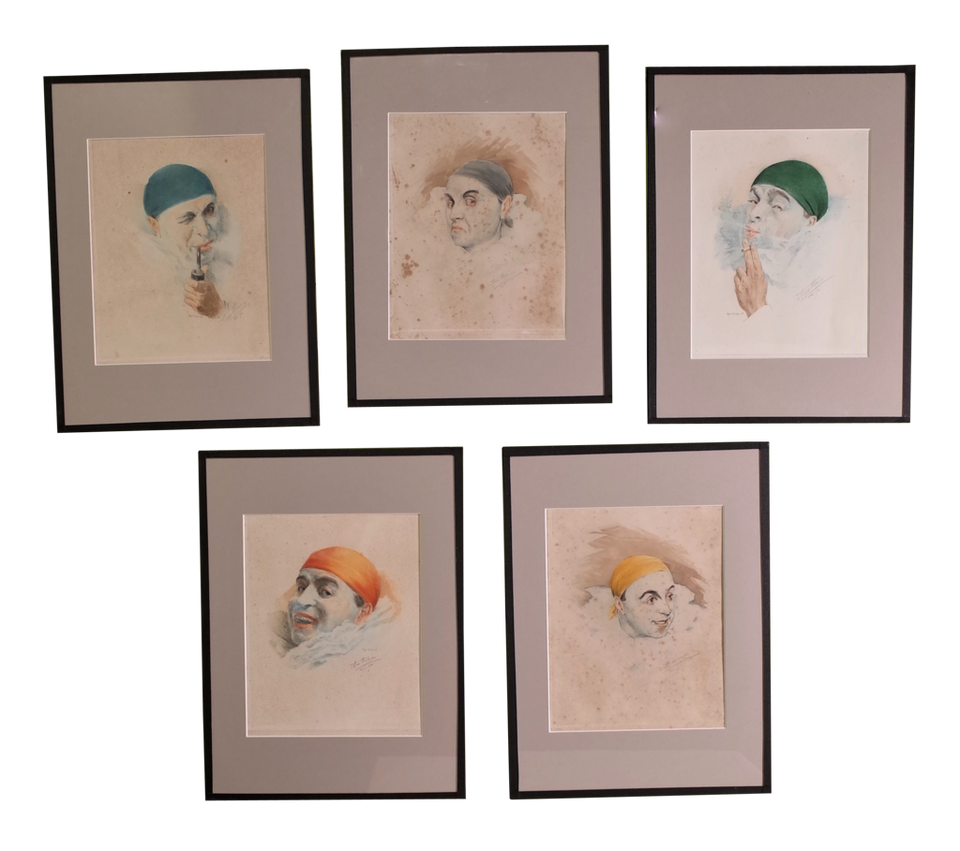 Set of Hand Coloured Signed and Numbered Pierrot Self Portraits by Arm Henrion