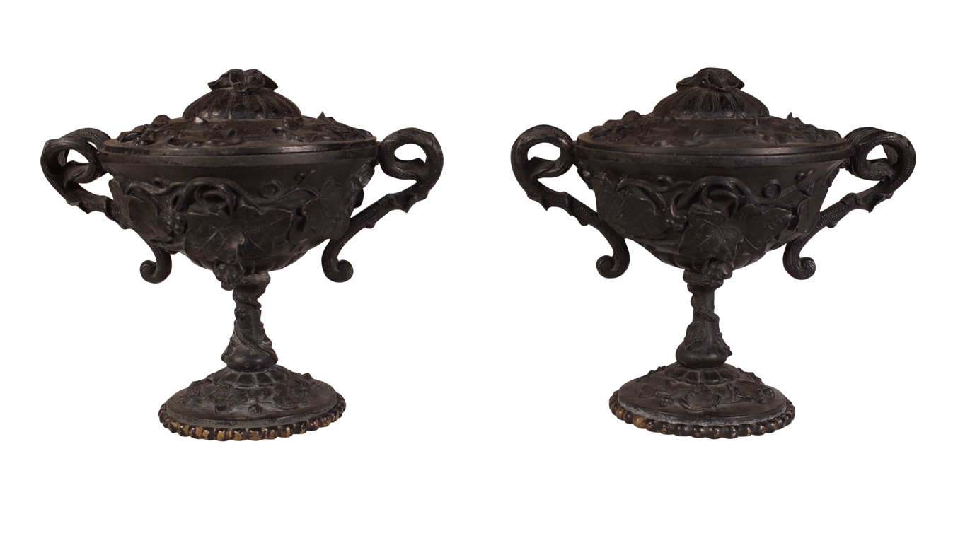 Pair of Lidded Spelter Tazzas Decorated with Vines and Grapes