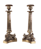 Pair of Bronze Candlesticks with Three Lion Feet