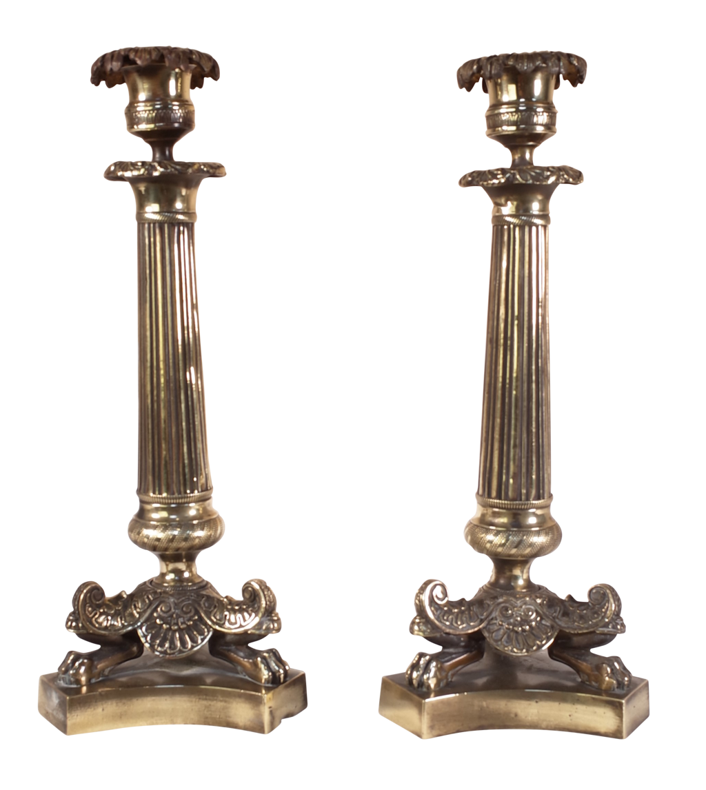 Pair of Bronze Candlesticks with Three Lion Feet