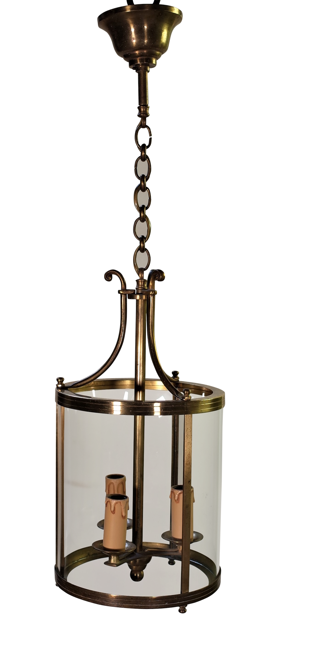 Round Glass and Brass Lantern with Three Candle Bulb Fittings