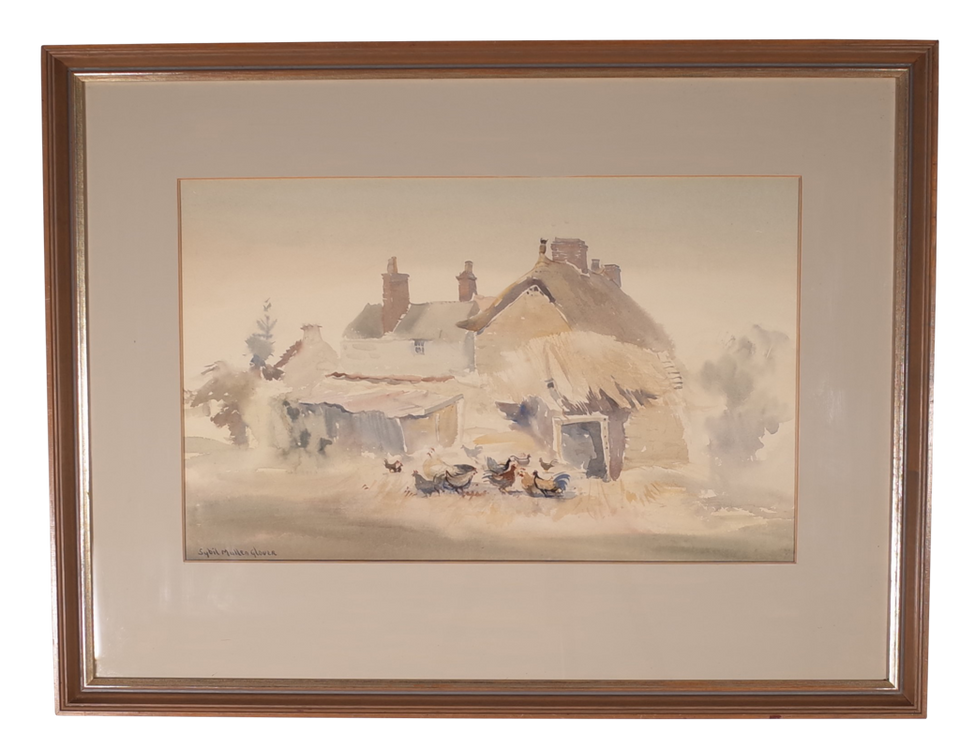 Watercolour of Dorset Cottages signed Sybil Mullen Glover