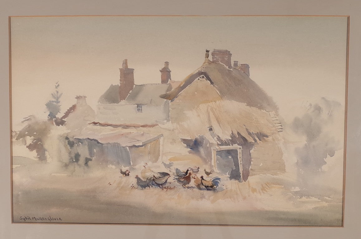 Watercolour of Dorset Cottages signed Sybil Mullen Glover