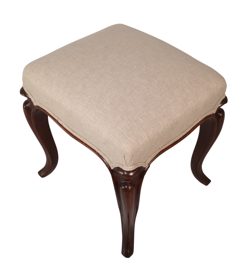 Square Mahogany Upholstered Foot Stool on Cabriole Legs