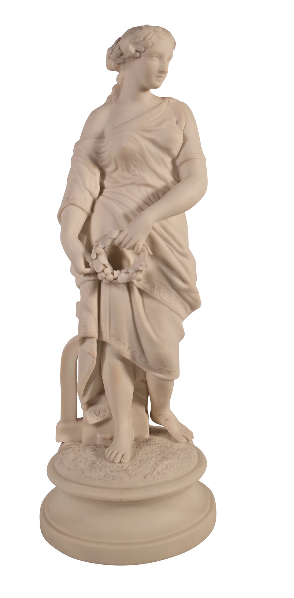 Parian Ware Figure of a Woman in Classical Robes Standing on Round Plinth and Holding a Wreath