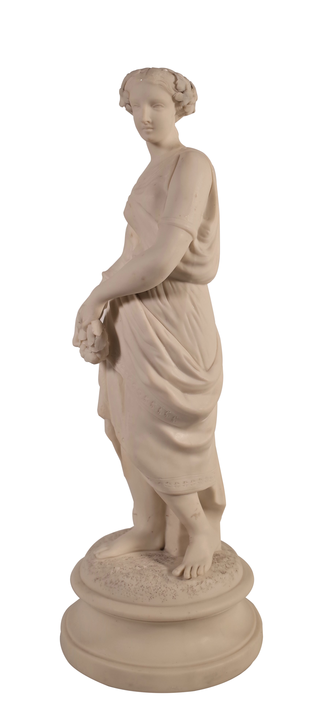 Parian Ware Figure of a Woman in Classical Robes Standing on Round Plinth and Holding a Wreath
